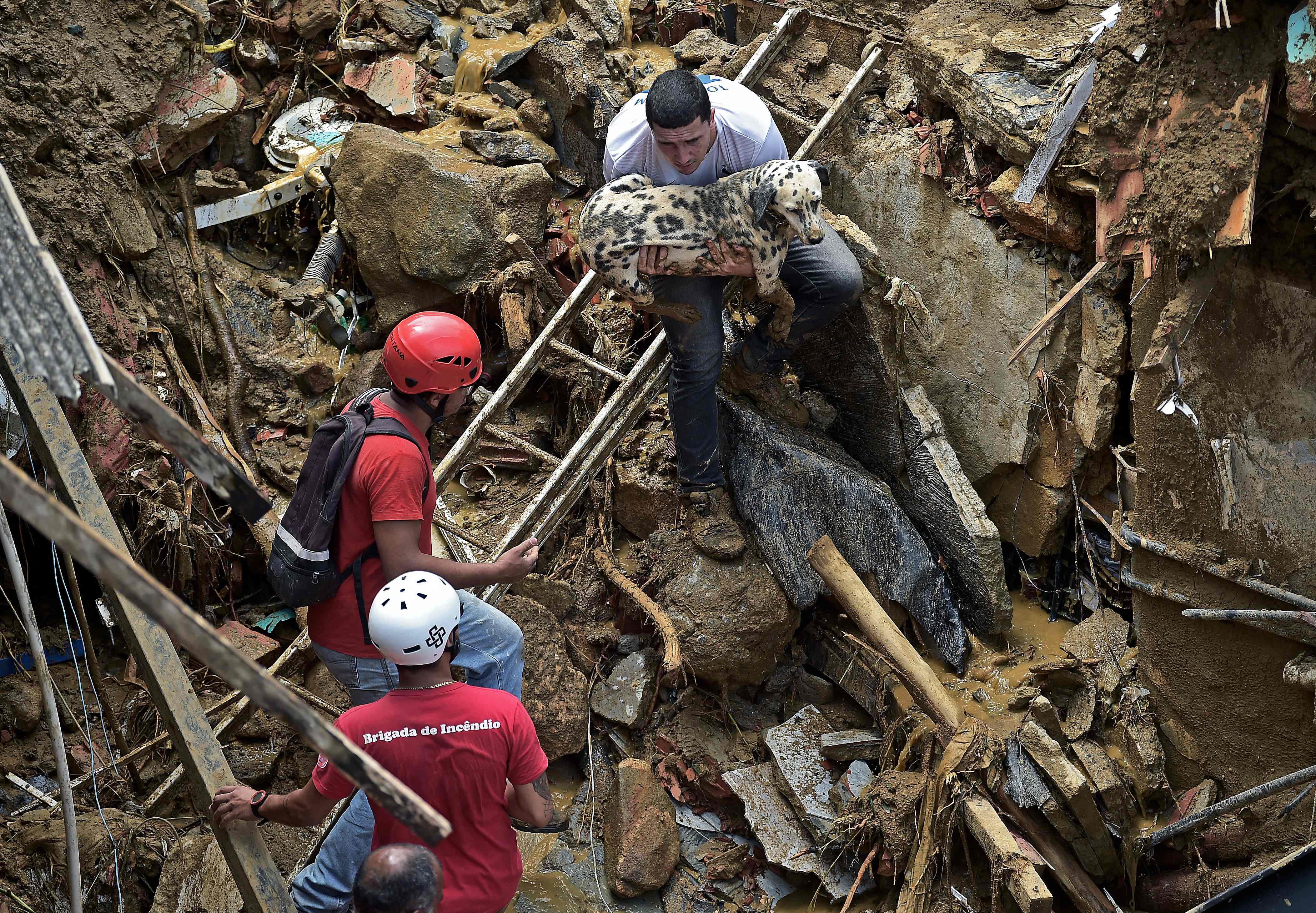 A resident rescues a dog after a mudslide in the mountainous city