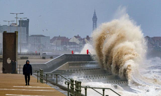 Waves crashing on the seafront at Blackpool before Storm Dudley hits the north of England/southern Scotland from Wednesday night into Thursday morning, closely followed by Storm Eunice, which will bring strong winds and the possibility of snow on Friday (Peter Byrne/PA)