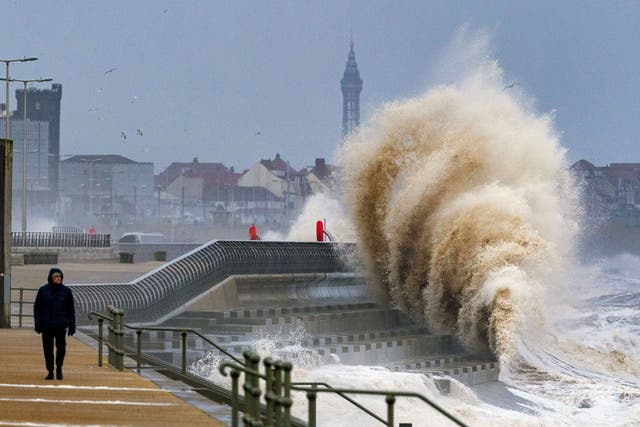 Waves crashing on the seafront at Blackpool before Storm Dudley hits the north of England/southern Scotland from Wednesday night into Thursday morning, closely followed by Storm Eunice, which will bring strong winds and the possibility of snow on Friday (Peter Byrne/PA)