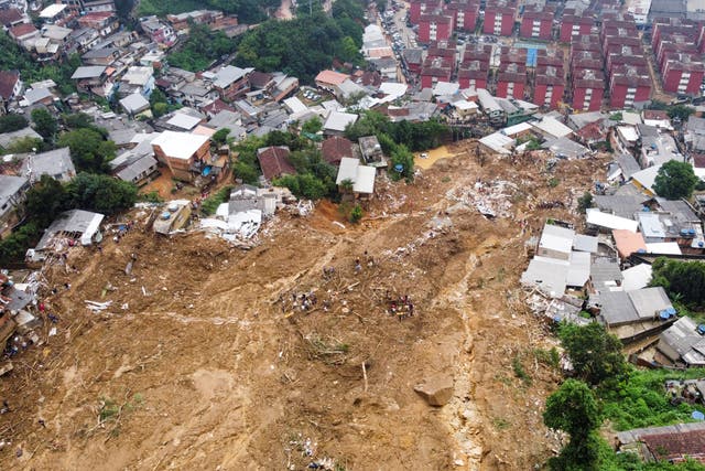 <p>An overview of a site of a mudslide at Morro da Oficina after pouring rains in Petropolis, Brazil on February 16, 2022.  Picture taken with a drone</p>