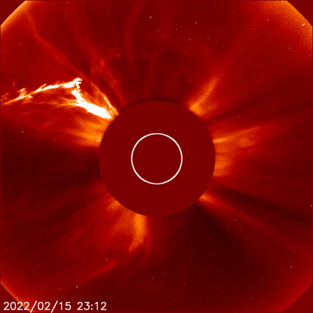 <p>The Nasa-ESA  Solar and Heliospheric Observatory (SOHO) spacecraft captures a corononal mass ejection from the far side of the sun on 15 February, 2022 </p>