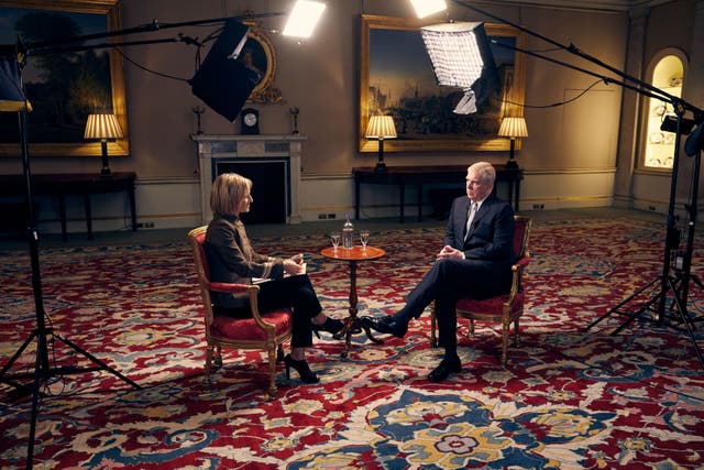 <p>The Duke of York speaking about his links to Jeffrey Epstein in an interview with BBC Newsnight’s Emily Maitlis</p>