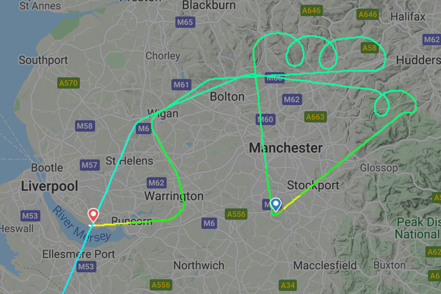 <p>Away fixture: the flightpath of the Boeing 757 carrying the Manchester City squad from Lisbon on Wednesday, which was diverted to Liverpool</p>