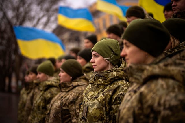 Ukrainian army soldiers gathered to celebrate a Day of Unity in Odessa (Emilio Morenatti/AP)