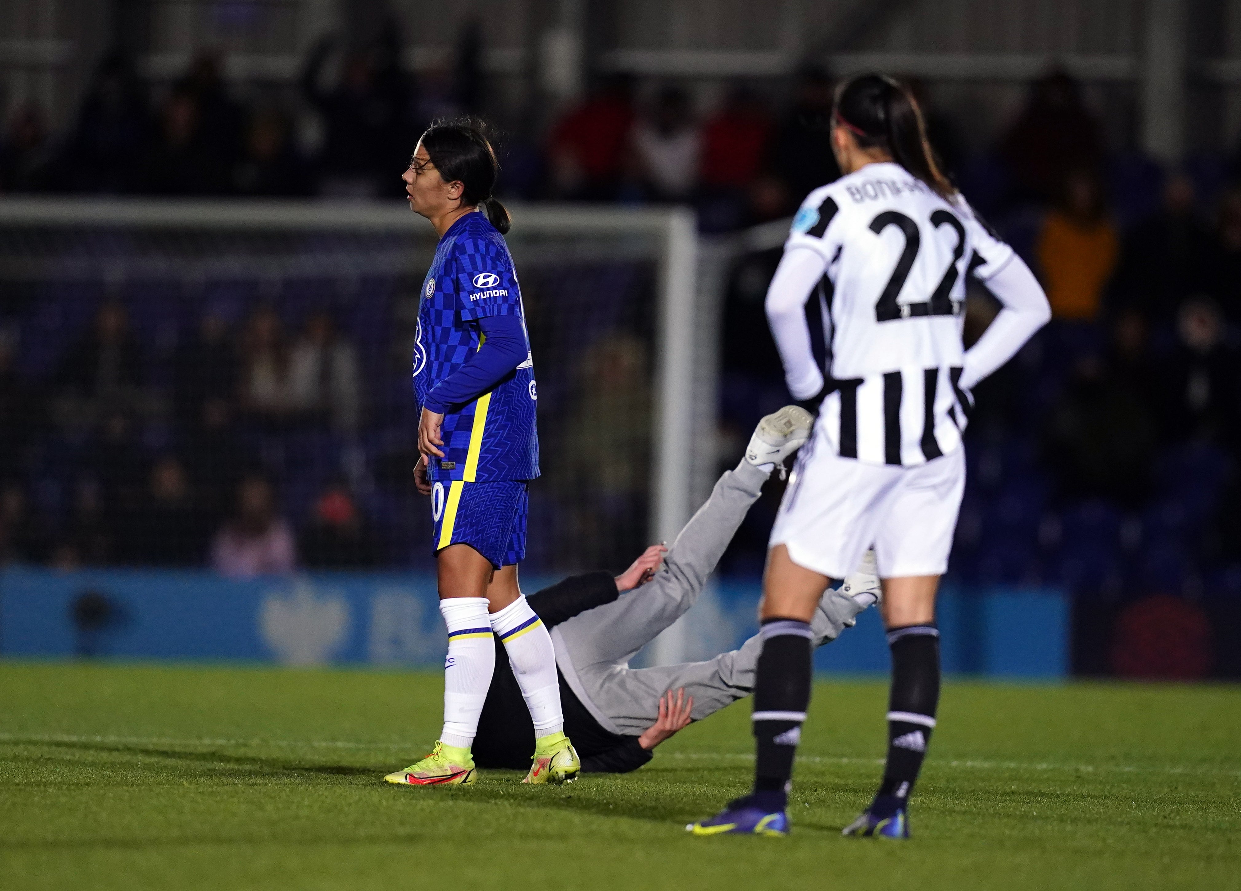 A pitch invader was pushed by Chelsea’s Sam Kerr in their Champions League game with Juventus in December (John Walton/PA)