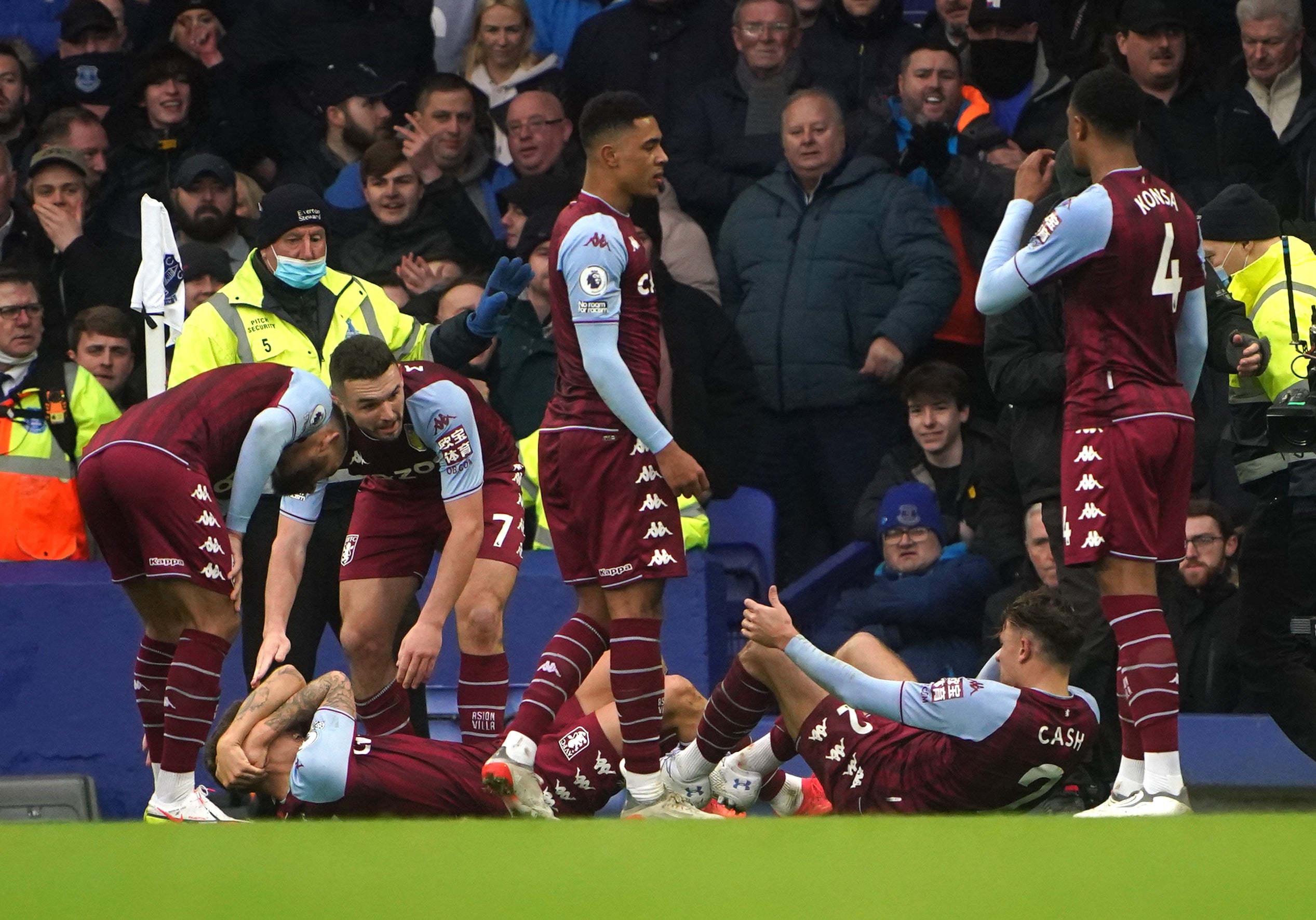 Aston Villa’s Lucas Digne and Matty Cash were hit by a bottle at Everton (Peter Byrne/PA)