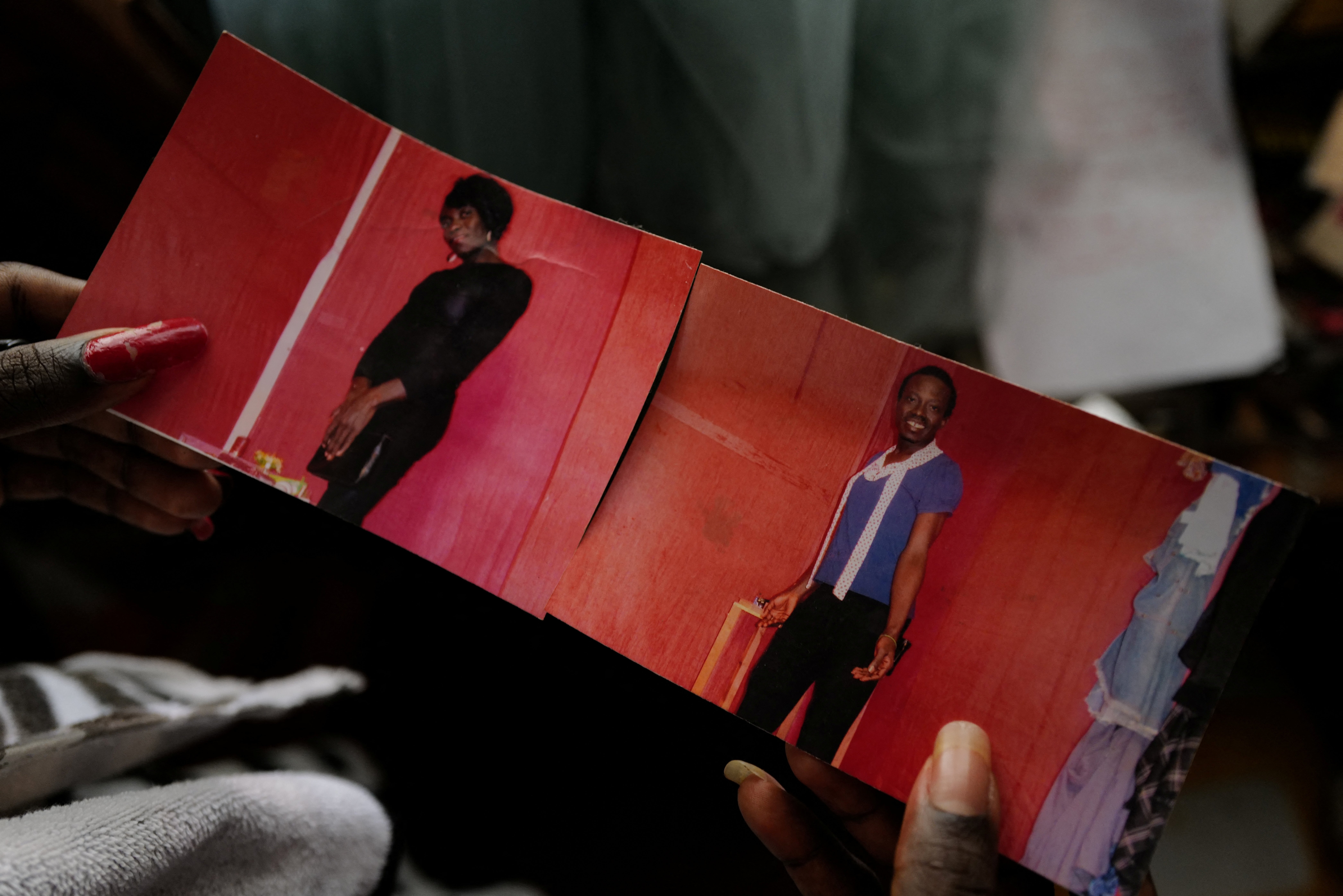 Fiatsi holds two photographs showing her gender transition journey
