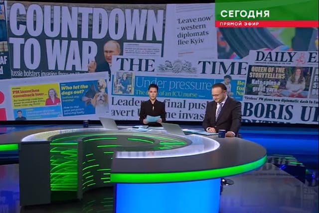 <p>Russian TV channel NTV mocks western media</p>