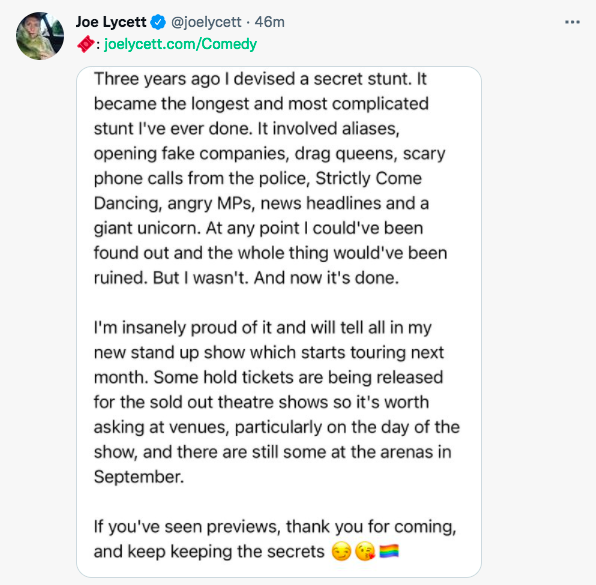 Joe Lycett’s tweet about his three-year stunt