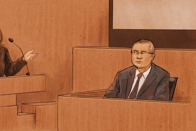 <p>Tou Thao is pictured under cross-examination from prosecutor LeeAnn Bell in a courtroom sketch</p>