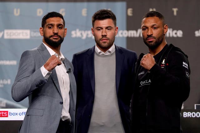 <p>Amir Khan (left) and Kell Brook met at their pre-fight press conference</p>