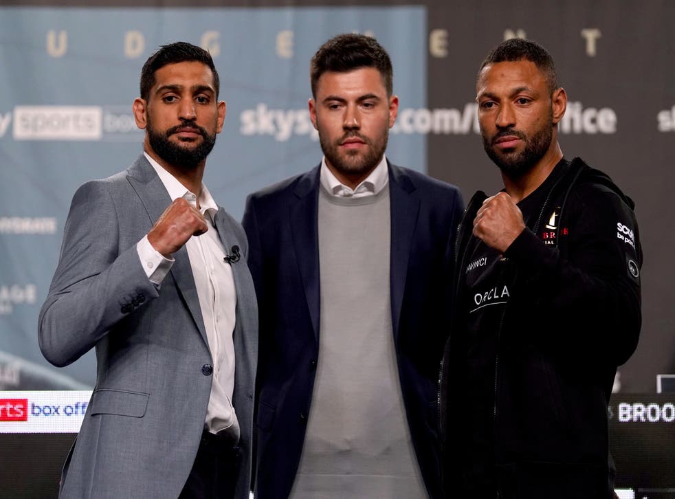 <p>Amir Khan (left) and Kell Brook met at their pre-fight press conference</p>