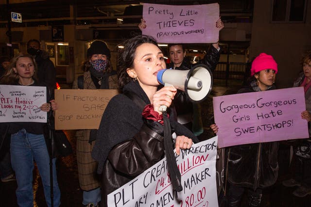 <p>Venetia leads the protest outside the Pretty Little Thing show  </p>