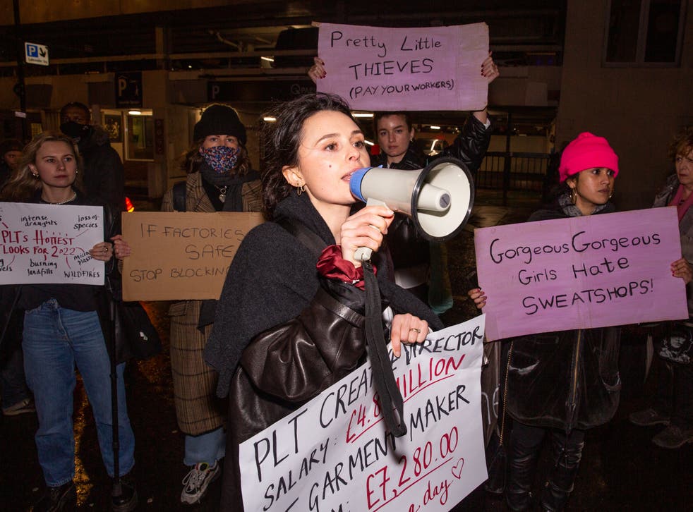 <p>Venetia leads the protest outside the Pretty Little Thing show  </p>
