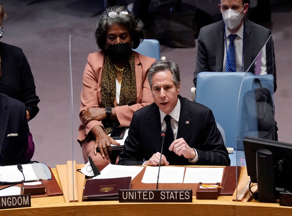 <p>U.S. Secretary of State Antony Blinken addresses the United Nations Security Council, Thursday, Feb. 17, 2022. U.S. Ambassador Linda Thomas-Greenfield is seated, background left. (AP Photo/Richard Drew)</p>
