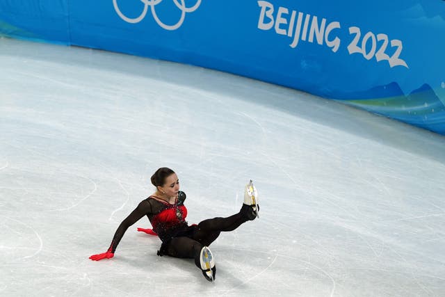 Kamila Valieva left the ice in tears after dropping out of medal contention in Beijing (Andrew Milligan/PA)