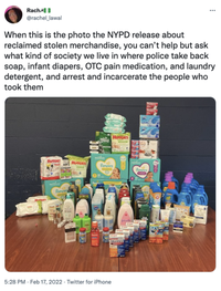 Social media users were horrified that the seizure by Bronx cops seemed to show basic necessities, as opposed to the drug or gun hauls usually promoted
