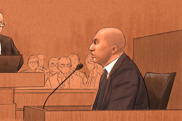 <p>J. Alexander Kueng is seen testifying during his trial in a courtroom sketch</p>