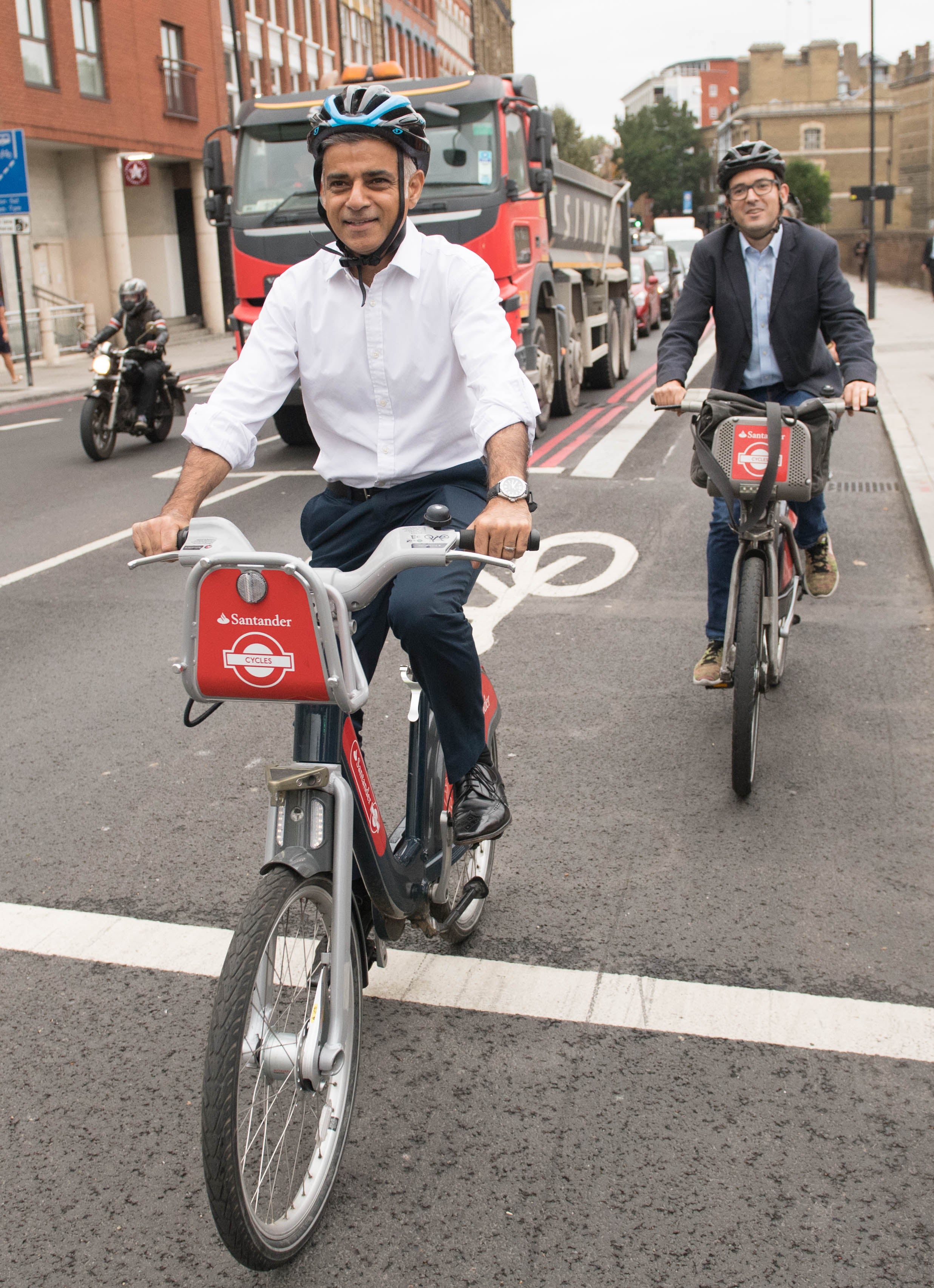 Mayor of London Sadiq Khan (front) and the city’s walking and cycling commissioner Will Norman (Stefan Rousseau/PA)