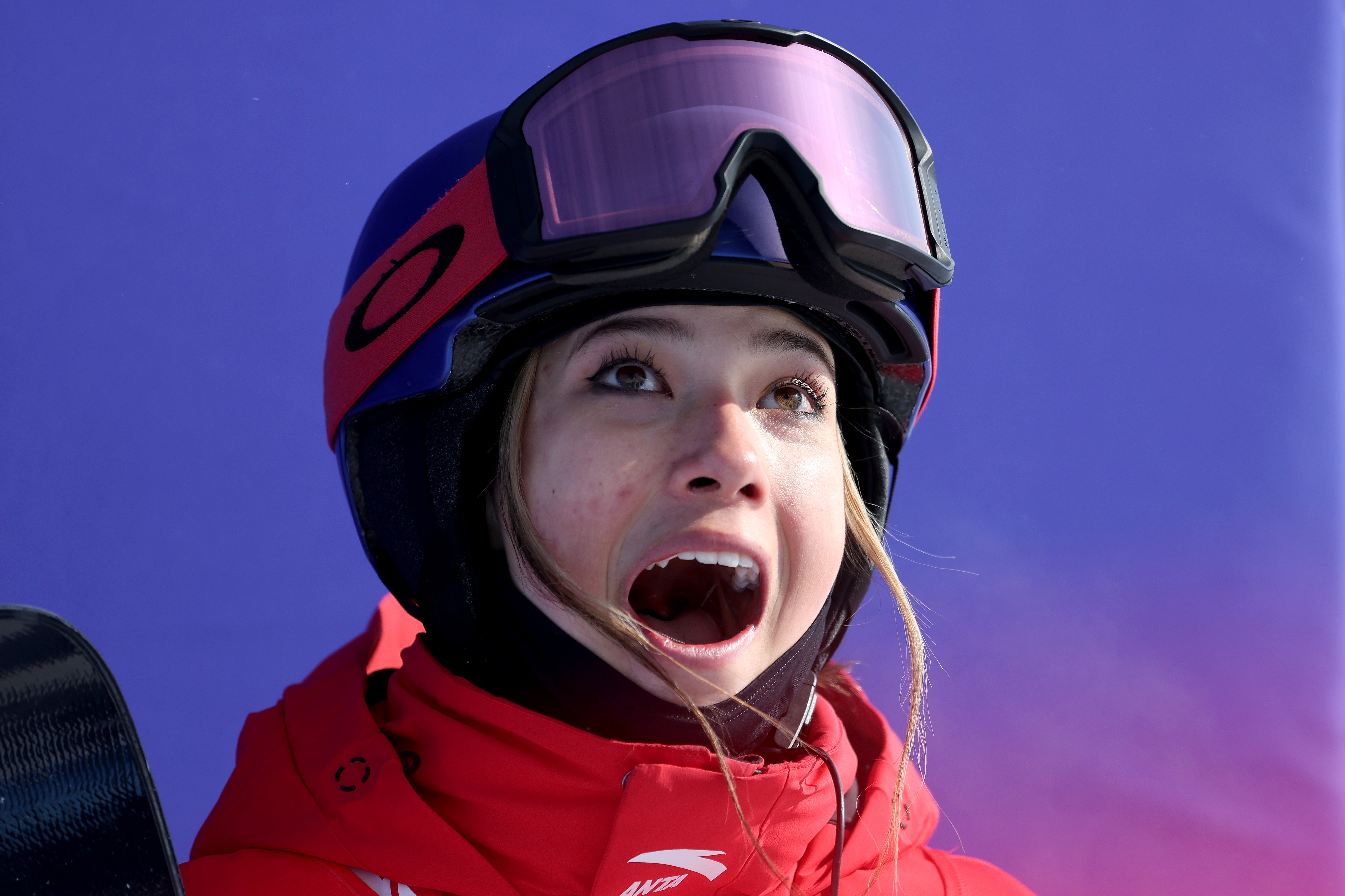 Ailing Eileen Gu of Team China reacts after their second run during the Women's Freestyle Freeski Halfpipe Final on Day 14