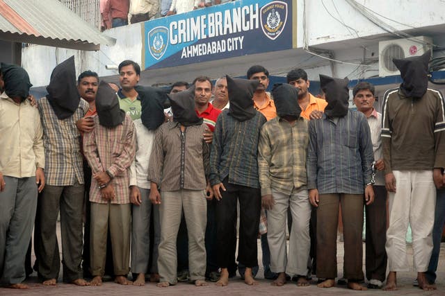 <p>File photo: Nine men arrested by the Ahmedabad crime branch for conducting a series of bombings in the city in 2008 </p>