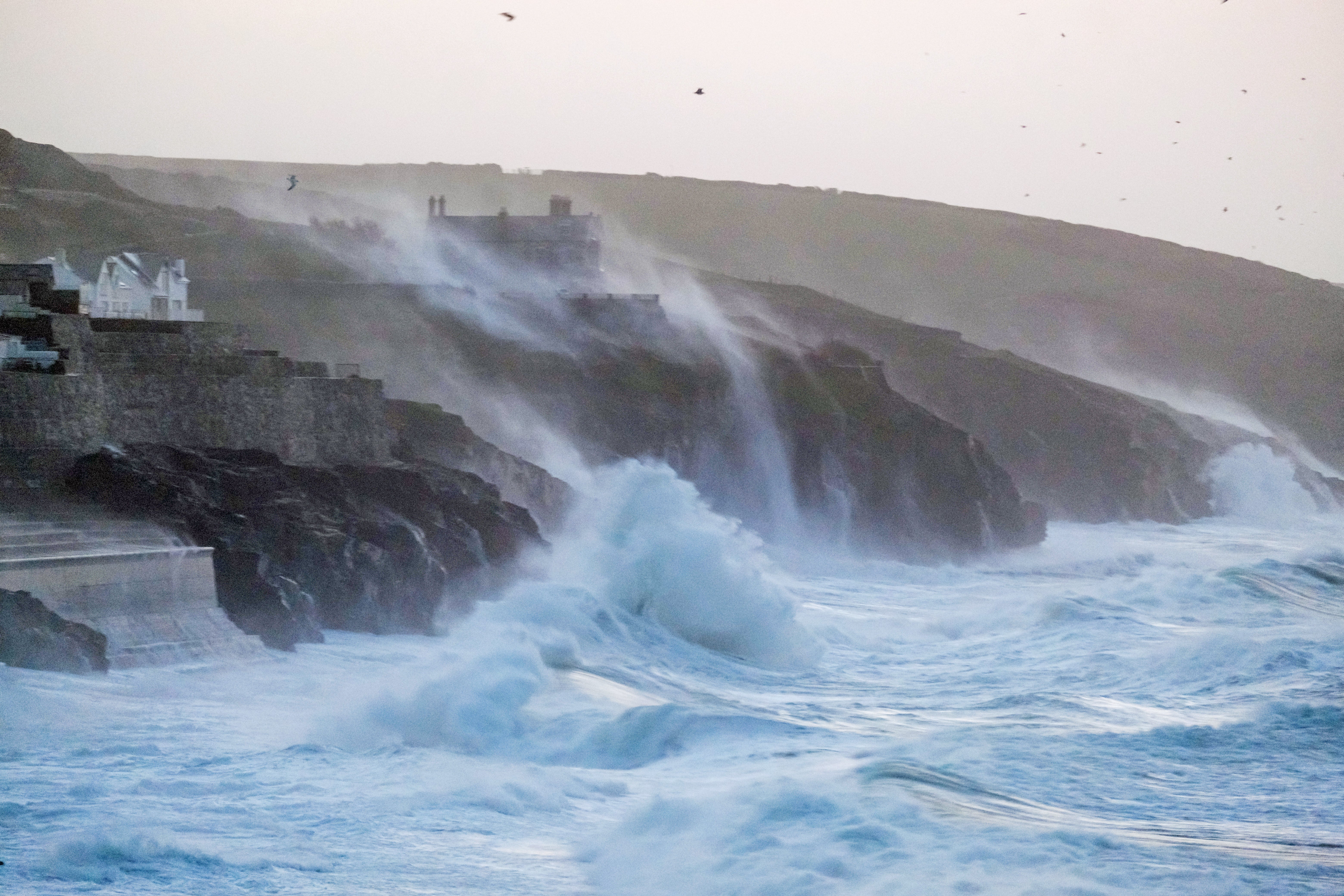 Waves hits Porthleven on the Cornish coast as Storm Eunice makes landfall (Matt Keeble/PA)