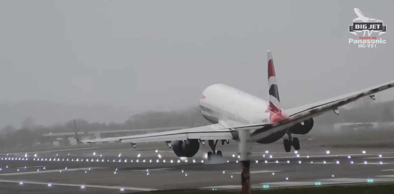 A British Airways aircraft lands at Heathrow amid high winds due to Storm Eunice (Big Jet TV/PA)