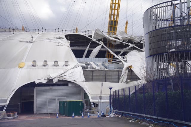 <p>Damage to the roof of the O2 Arena, in south east London, caused by Storm Eunice</p>