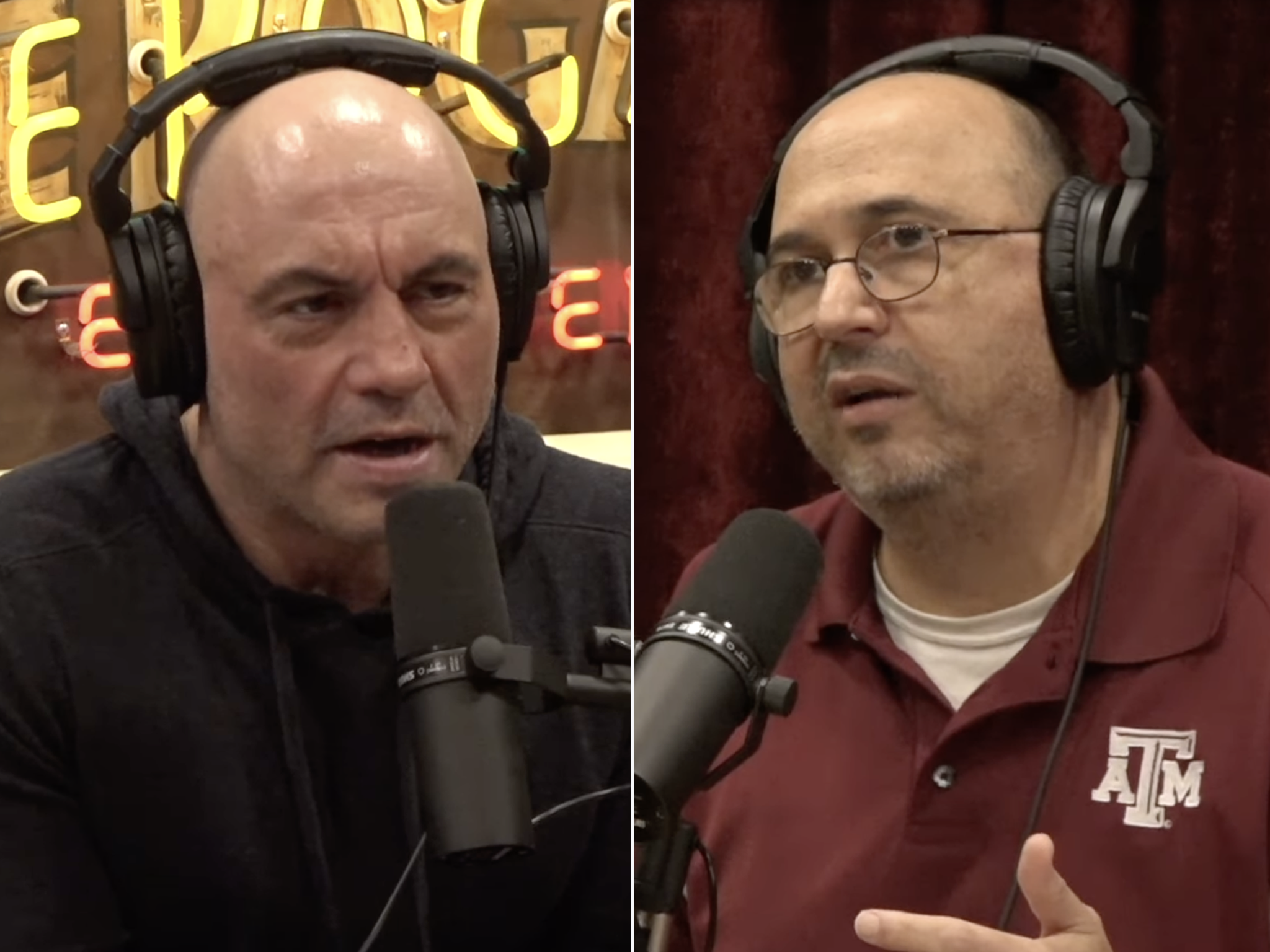 Podcast host Joe Rogan (left) during his two-hour discussion with Professor Andrew Dessler (right), a climate scientist at Texas A&M University