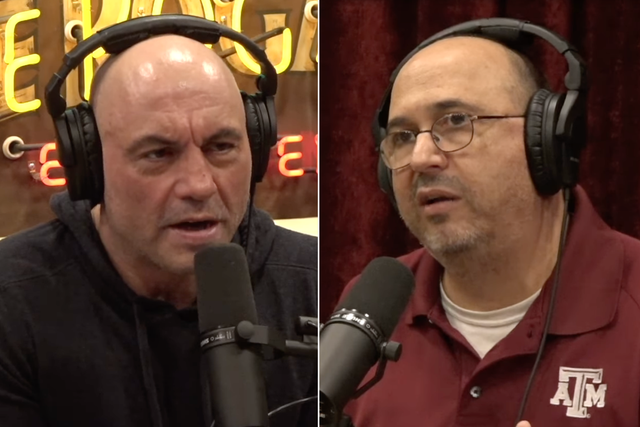 <p>Podcast host Joe Rogan (left) during his two-hour discussion with Professor Andrew Dessler (right), a climate scientist at Texas A&M University</p>