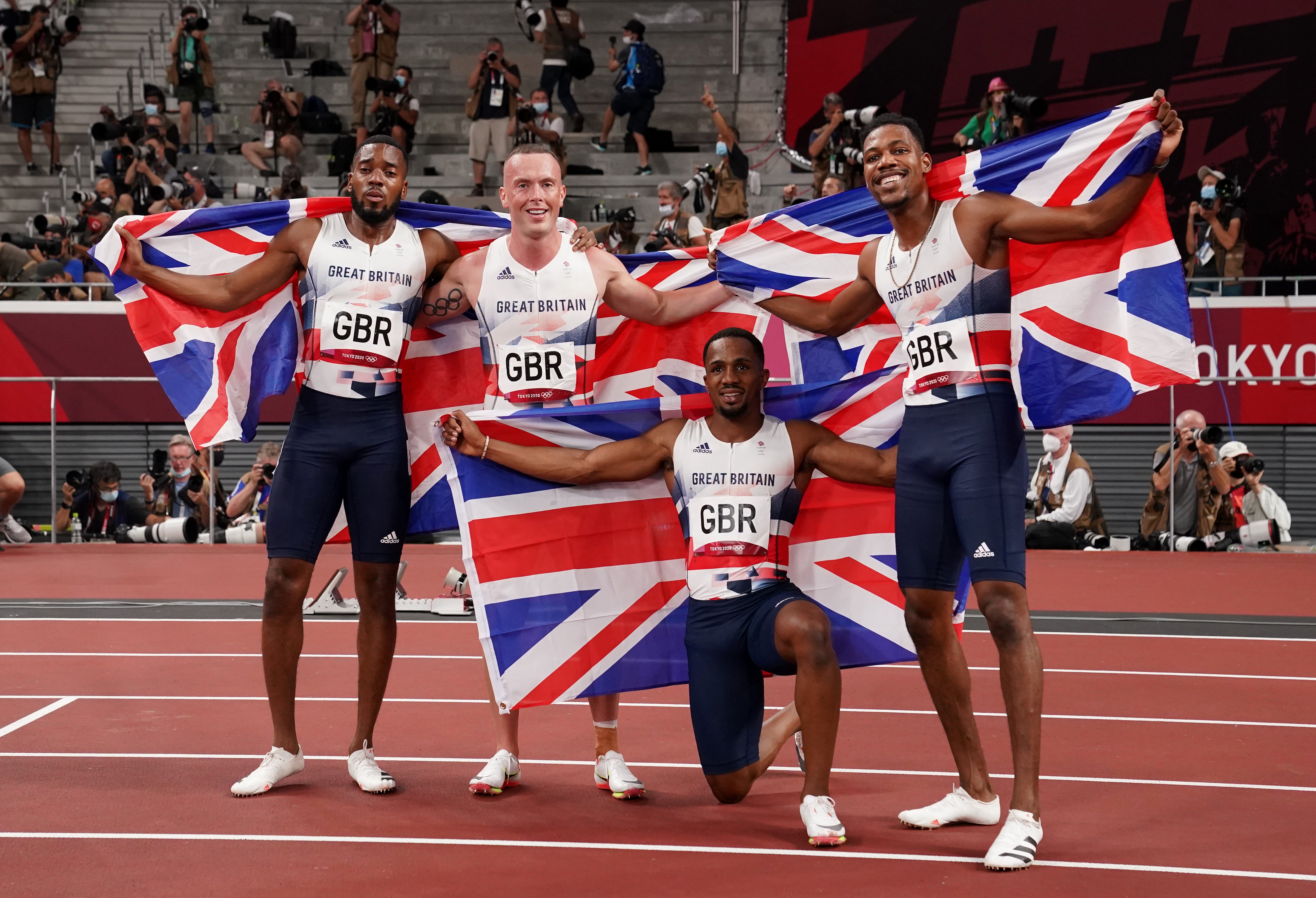 Great Britain’s Nethaneel Mitchell-Blake, Richard Kilty, Ujah and Zharnel Hughes (l-r) after the men’s 4x100m relay final