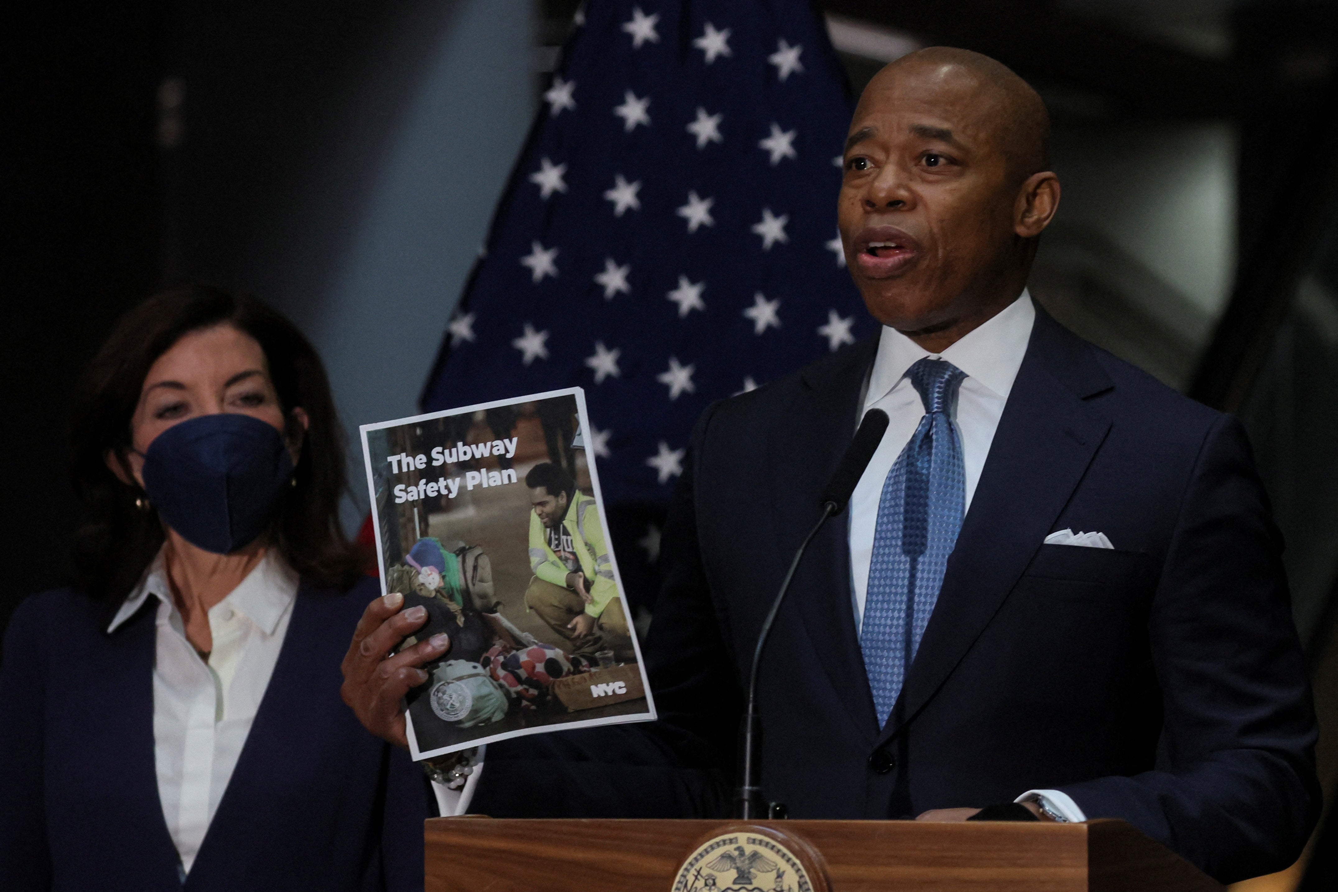 <p>New York City Mayor Eric Adams unveils a plan on 17 February alongside Governor Kathy Hochul to reduce the number of people who rely on the city’s subways or shelter. </p>