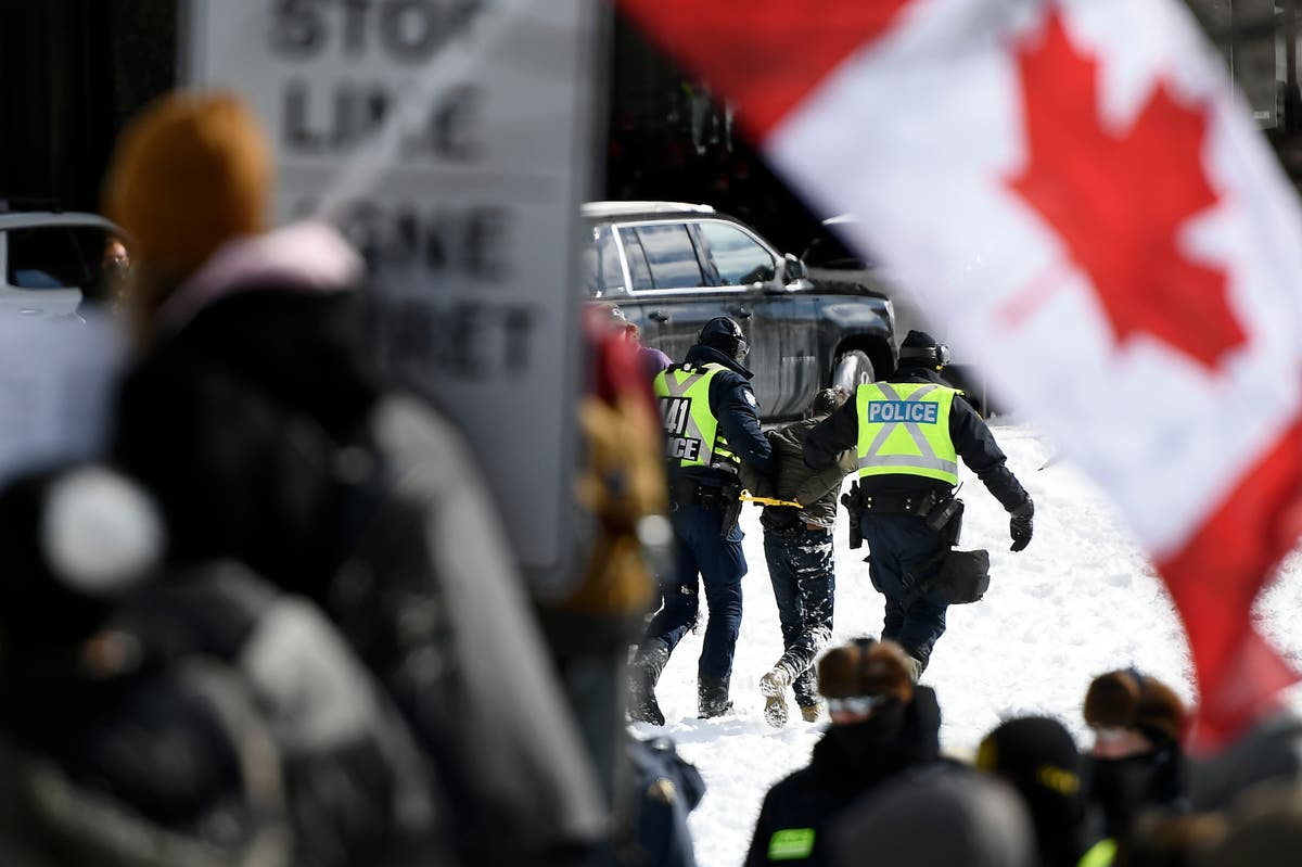 Canada trucker protest – live: Police use pepper spray and stun grenades in bid to clear Ottawa trucks