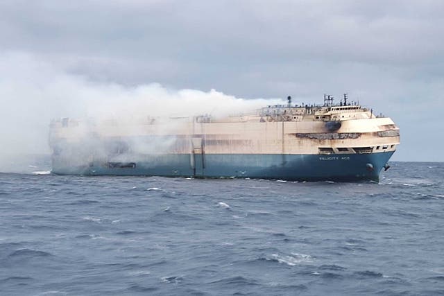 <p>The Felicity Ace ship carrying luxury cars, is seen as it is adrift in the middle of the Atlantic Ocean after it caught fire</p>
