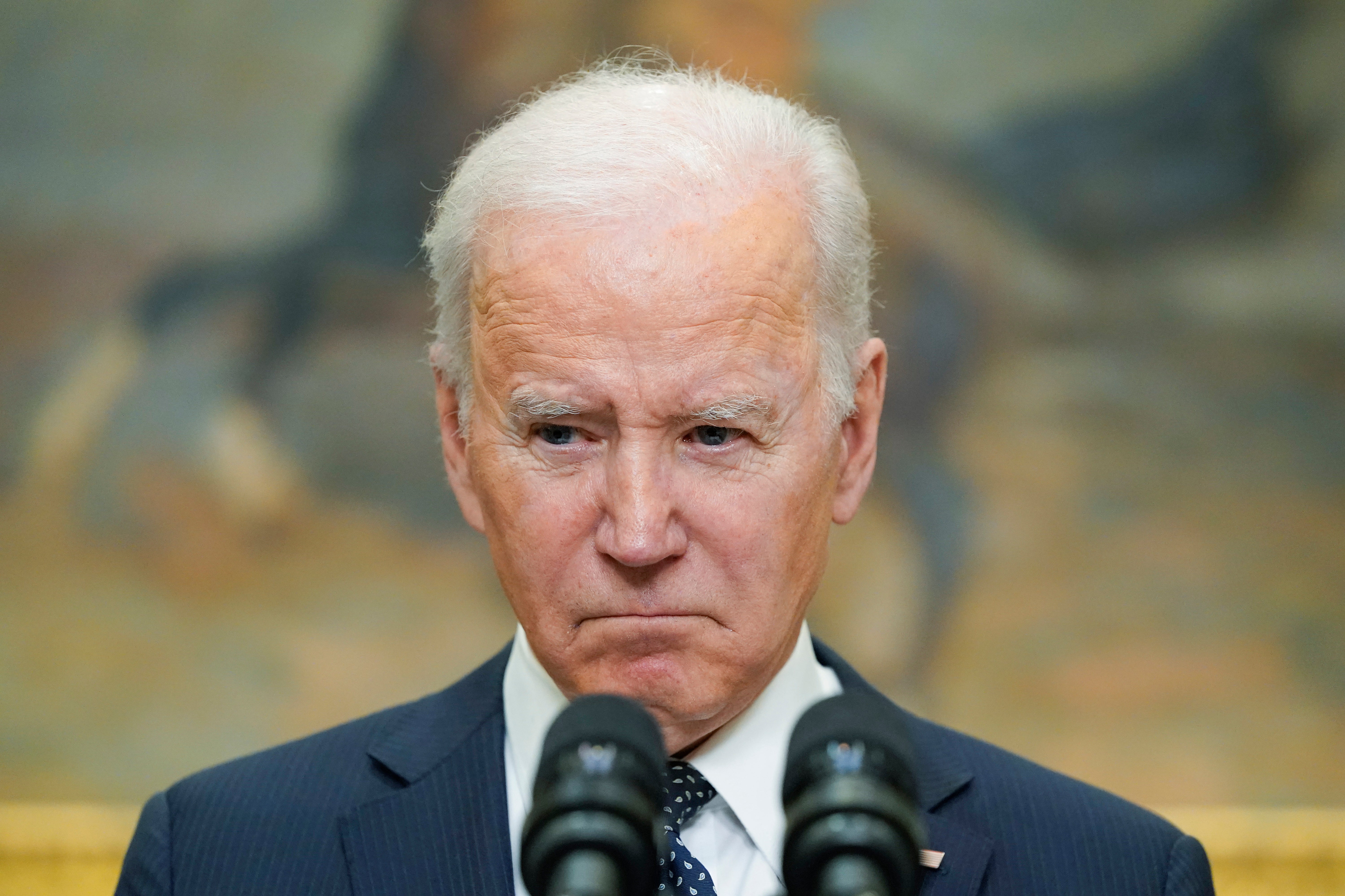 President Joe Biden listens to reporters questions as he speaks about Ukraine in the Roosevelt Room of the White House, Friday, Feb. 18, 2022, in Washington. (AP Photo/Alex Brandon)