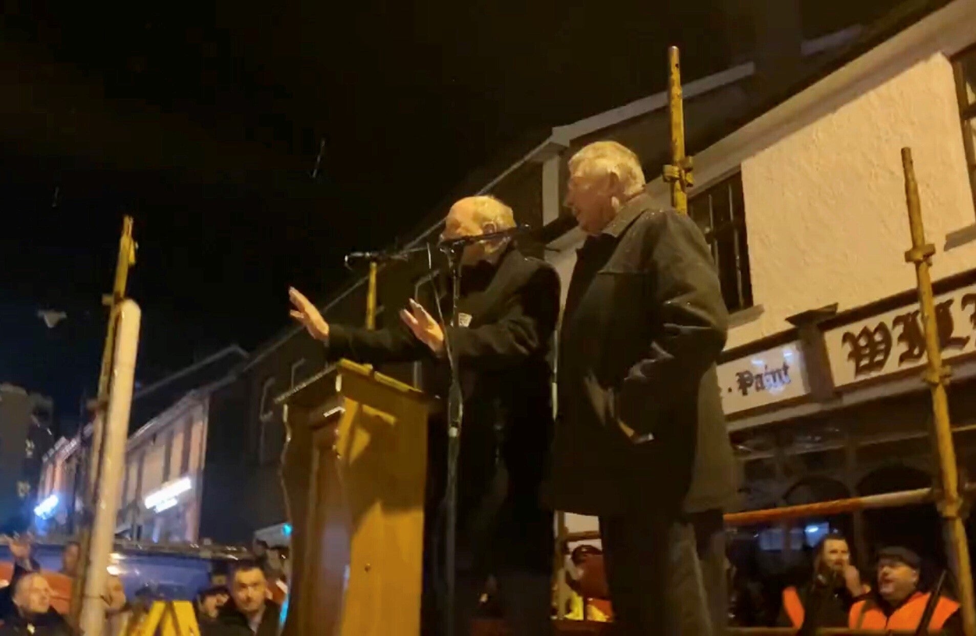 TUV leader Jim Allister (left) intervenes during a speech by DUP MP Sammy Wilson at an anti-NI Protocol rally in Markethill, Co Armagh to appeal to the crowds to stop booing him. Picture date: Friday February 18, 2022.