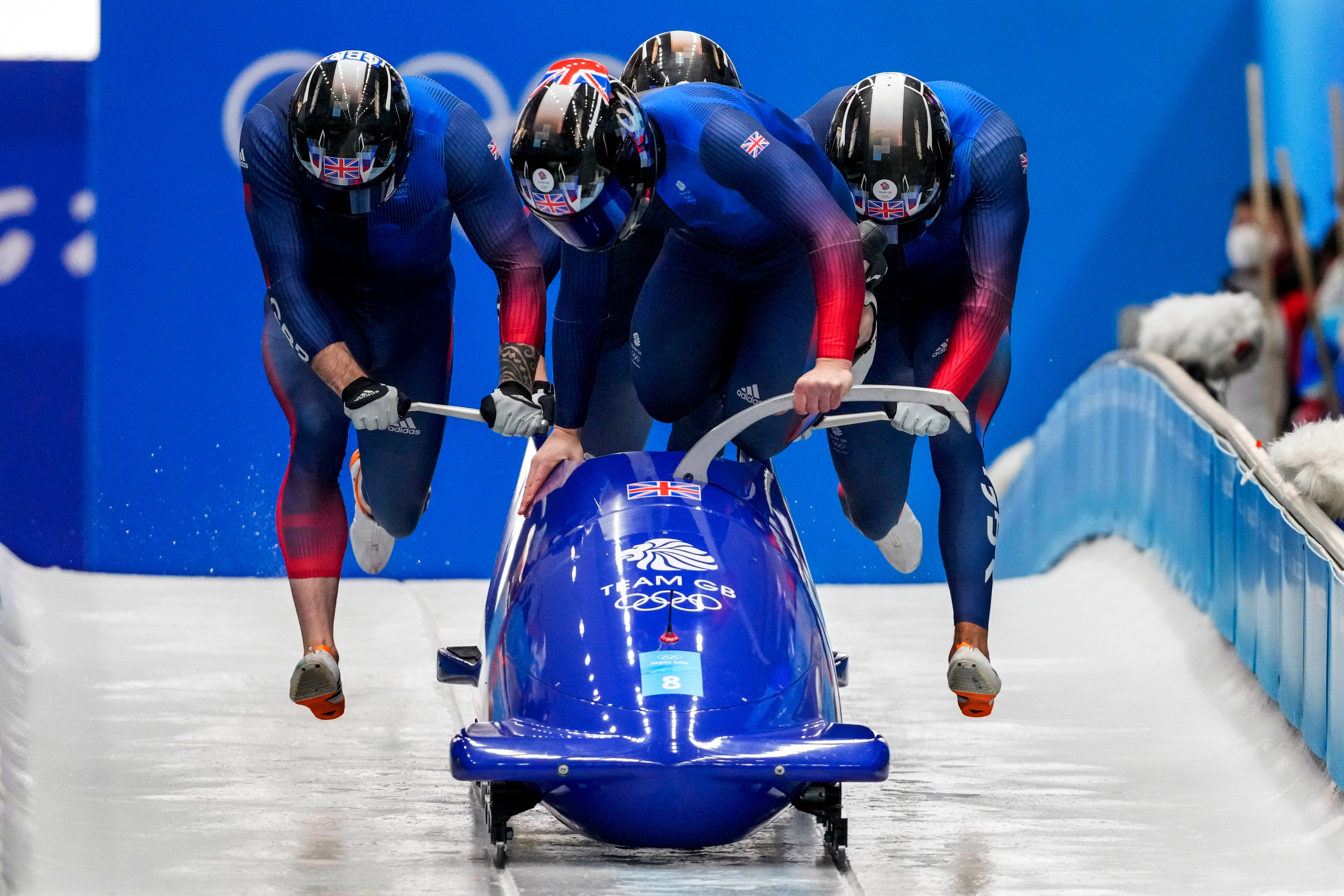 Brad Hall, Taylor Lawrence, Nick Gleeson and Greg Cackett, of Britain, start the 4-man heat 1