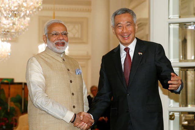 <p>India’s prime minister Narendra Modi with Singapore’s PM Lee Hsien Loong in Singapore in 2018 </p>