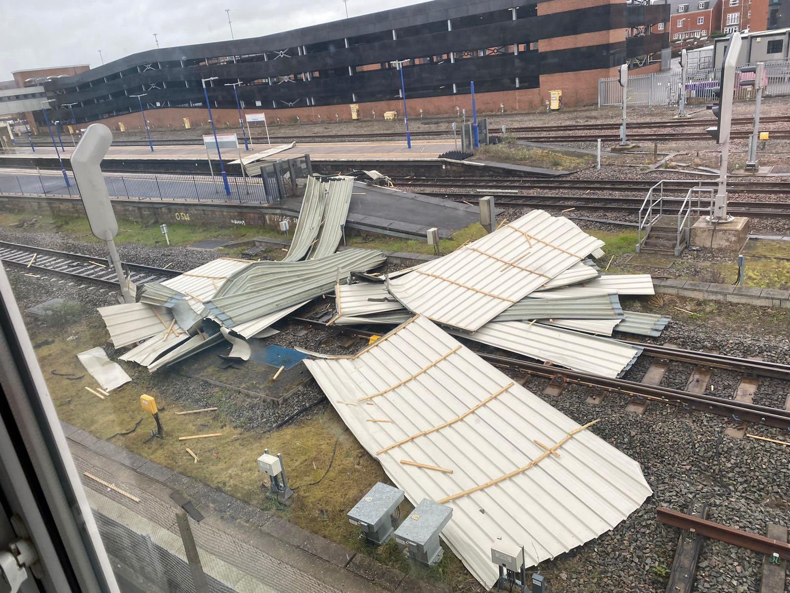 The roof of a building blown onto the tracks at Banbury, Oxfordshire, during Storm Eunice (PA/ @NetworkRailCML)