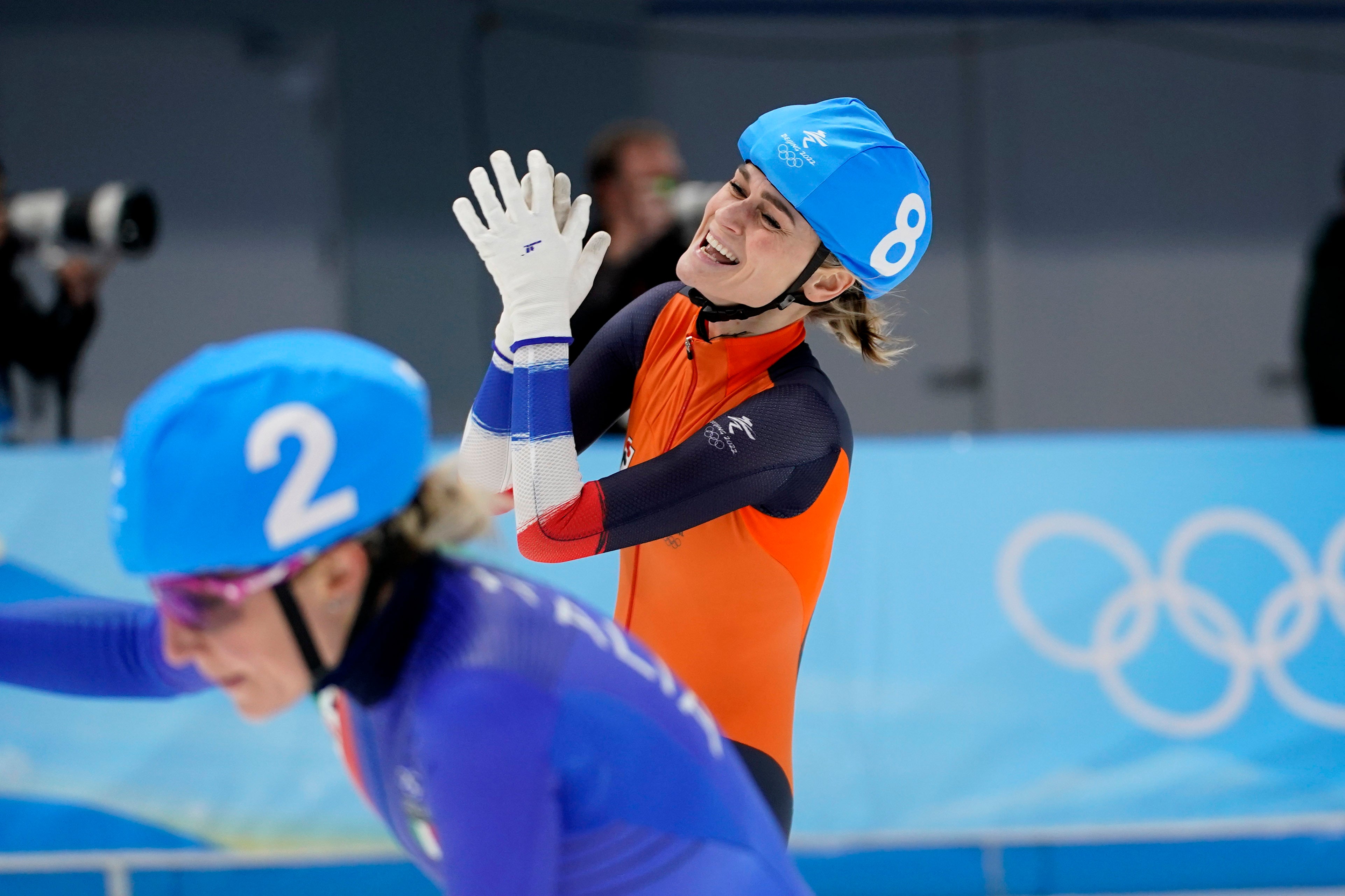 Irene Schouten of the Netherlands reacts after winning the gold