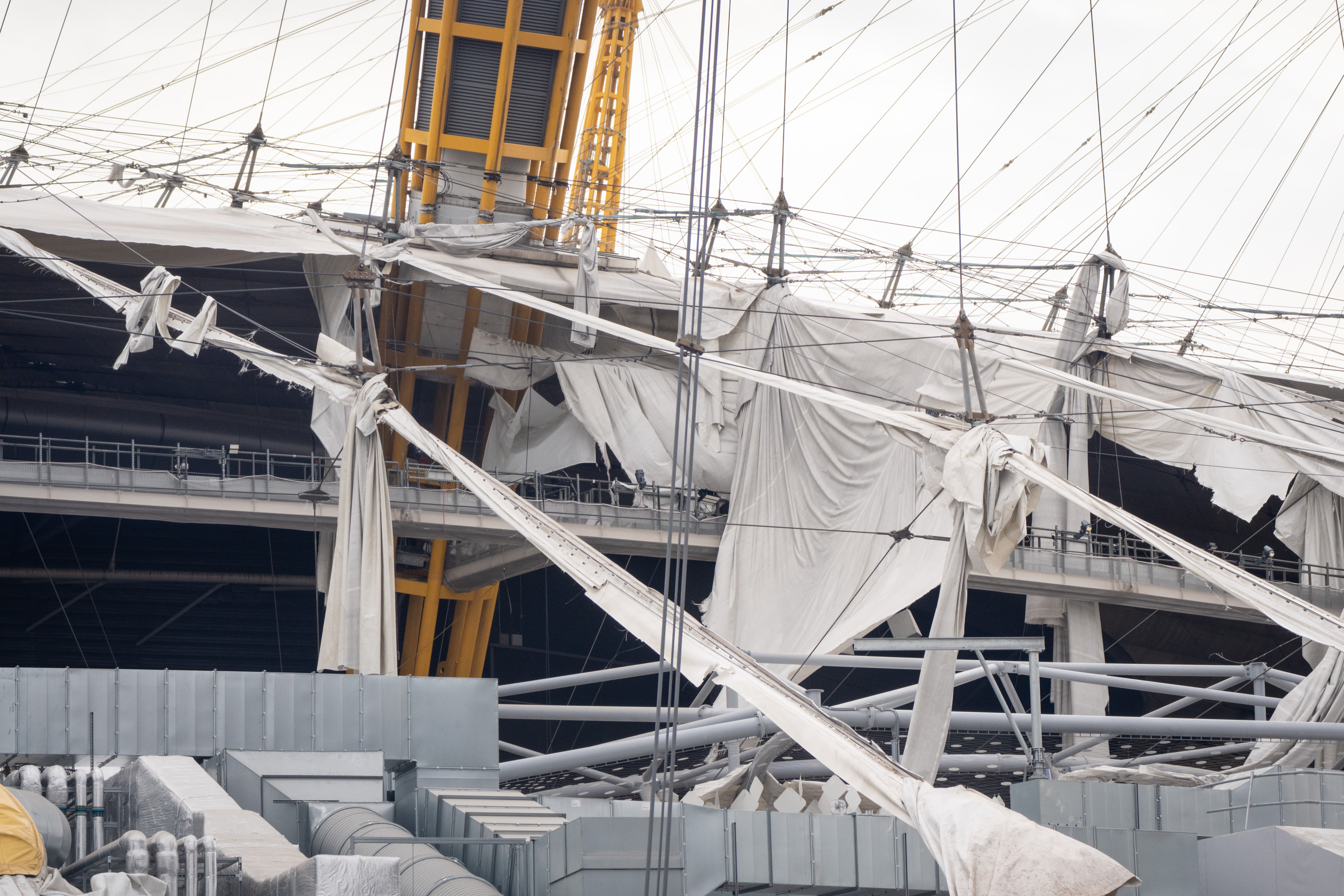 The O2 Arena in London after parts of its roof were ripped off in high winds (Dominic Lipinski/PA)
