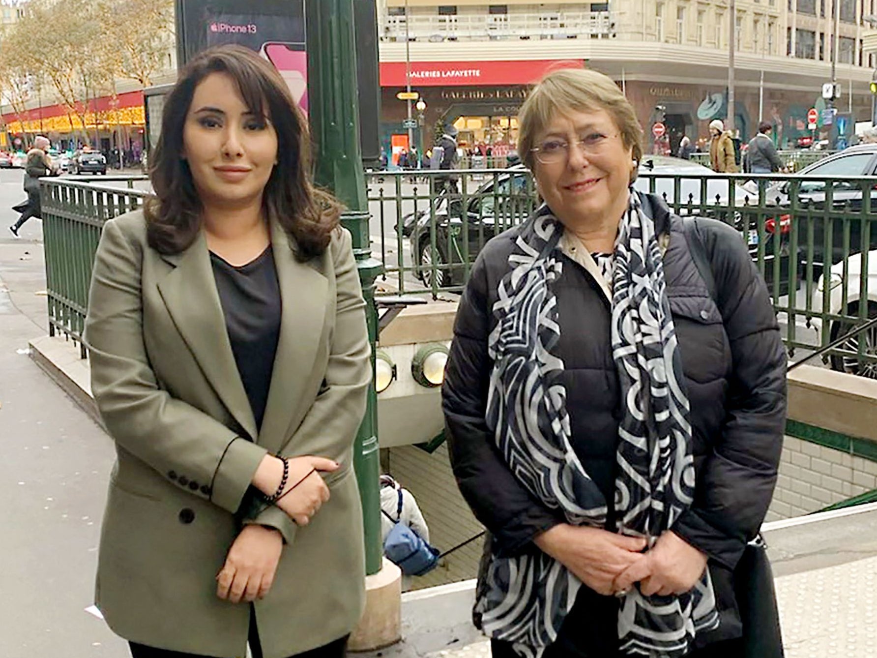 Dubai’s Sheikha Latifa (L) posing for a picture with UN rights chief Michelle Bachelet in Paris recently