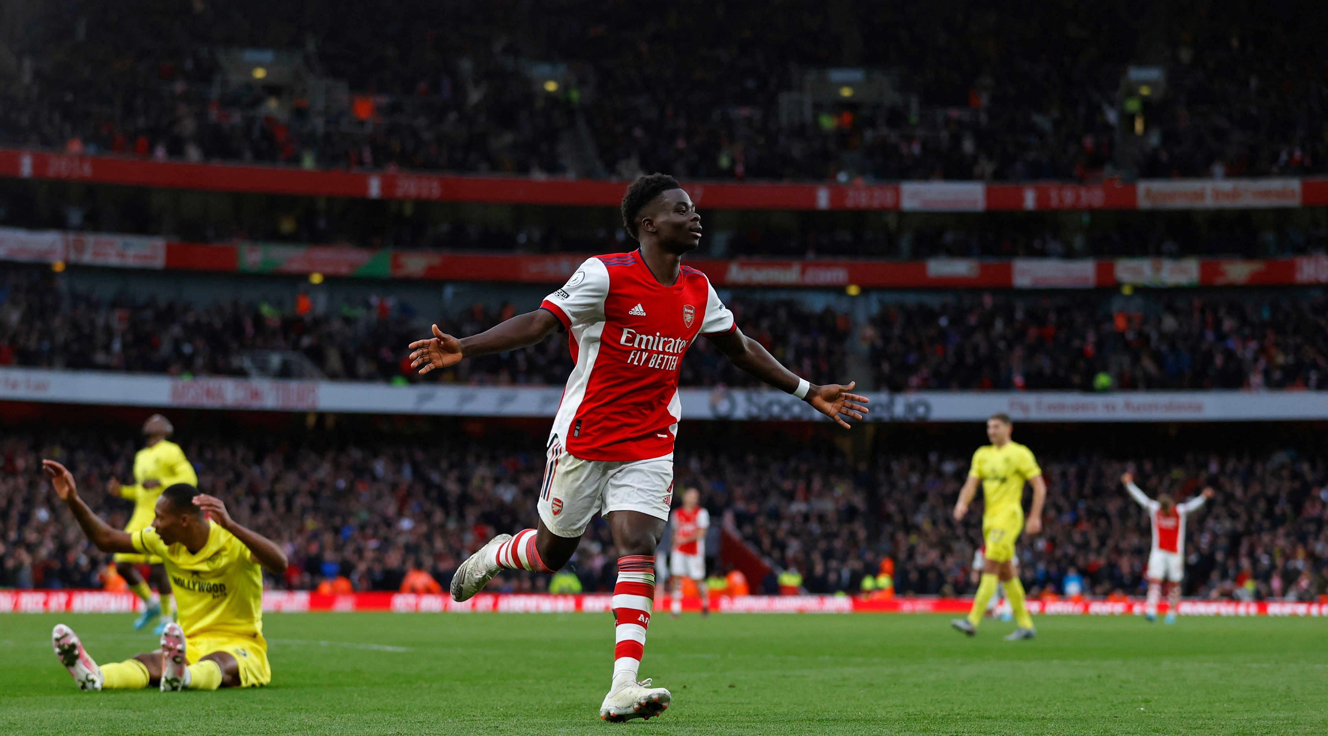 Midfielder Bukayo Saka celebrates after scoring Arsenal’s second