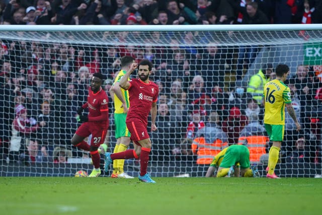 Mohamed Salah scored his 150th Liverpool goal in the comeback win over Norwich (Peter Byrne/PA)