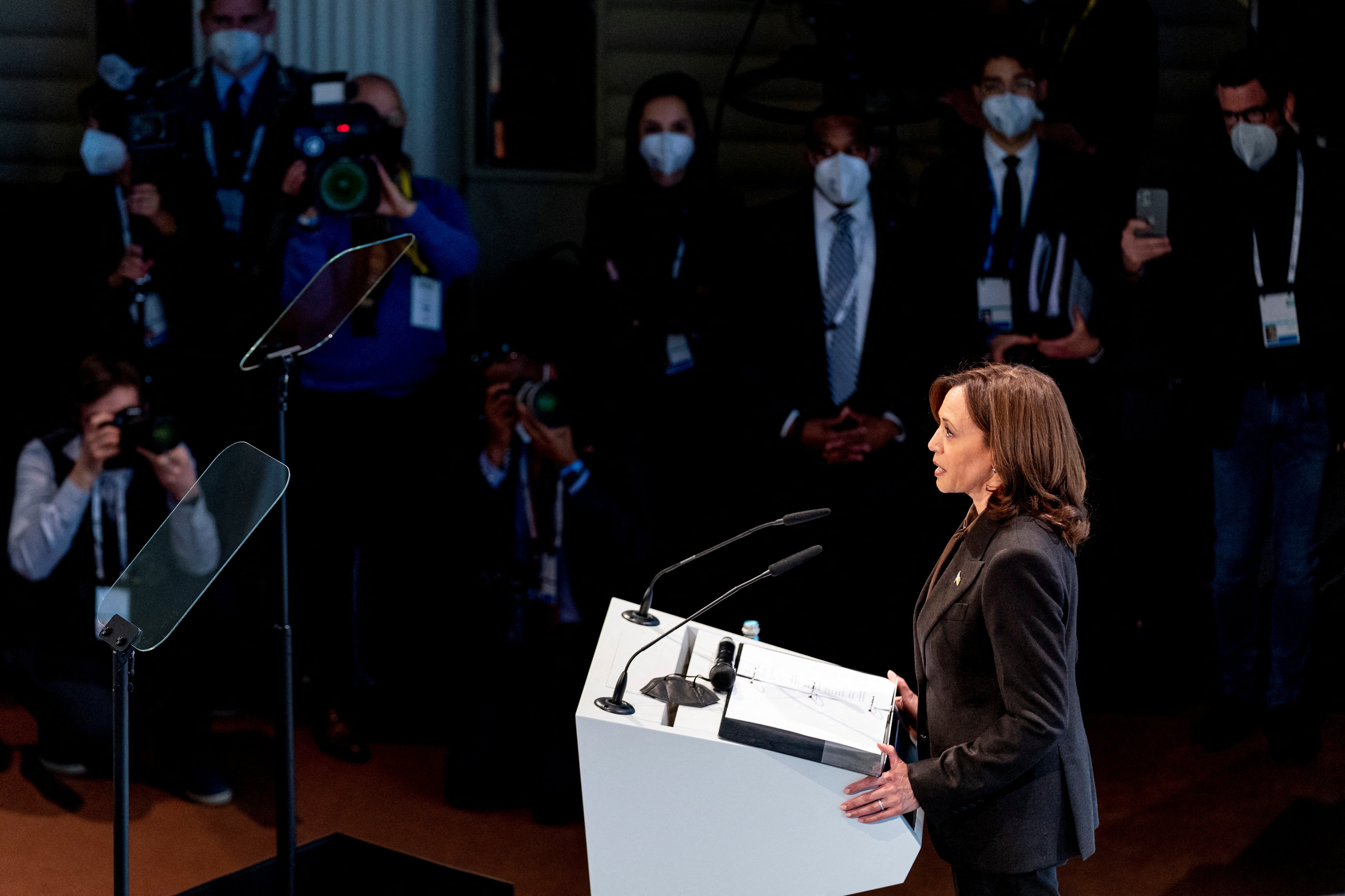 US Vice President Kamala Harris speaks during the Munich Security Conference, in Germany, 19 February 2022