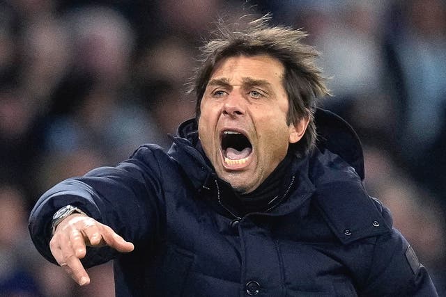 <p>Antonio Conte reacts during Tottenham’s win over Man City</p>