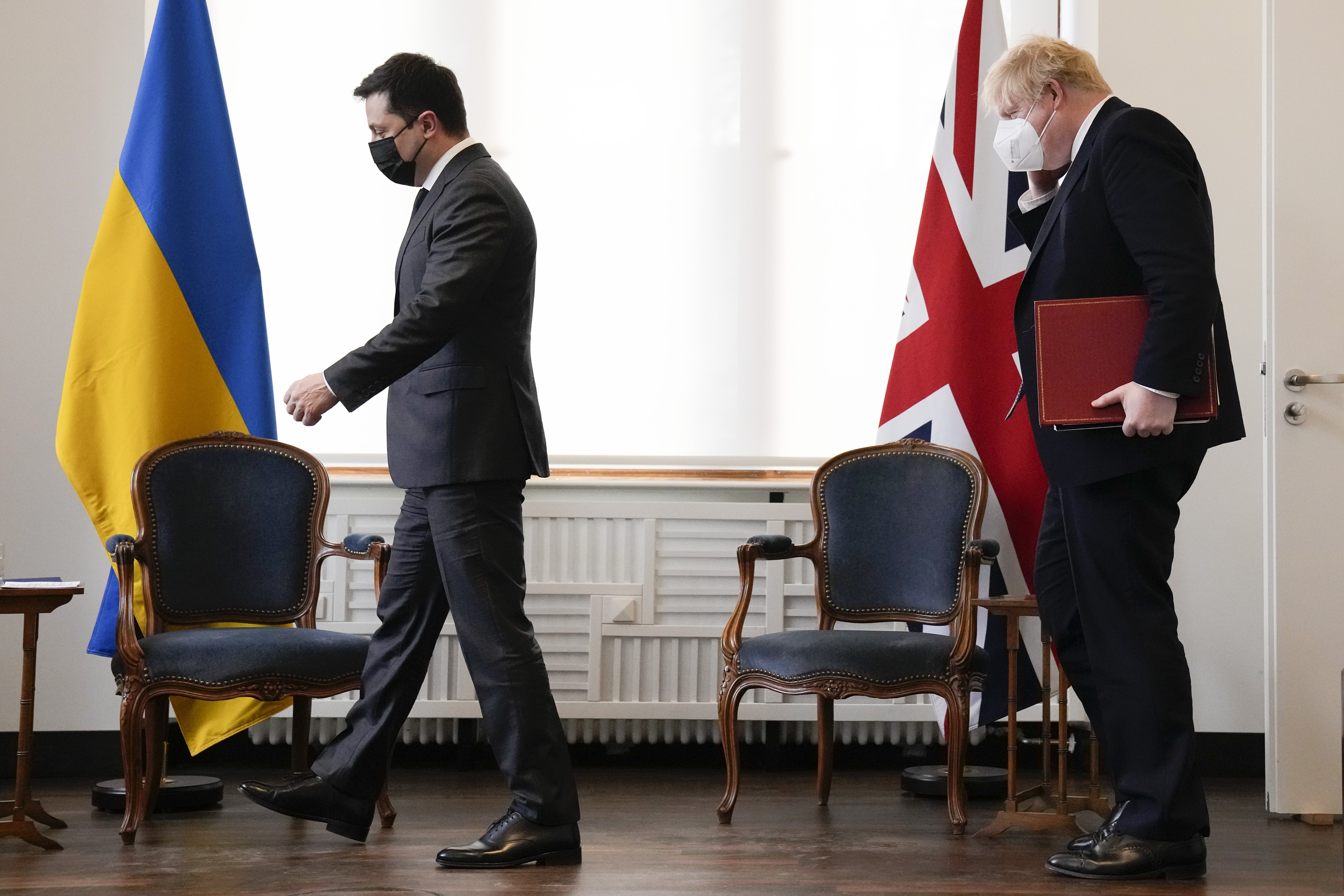 Ukrainian President Volodymyr Zelenskyy attends a meeting with Prime Minister Boris Johnson at the Munich Security Conference (Matt Dunham/PA)