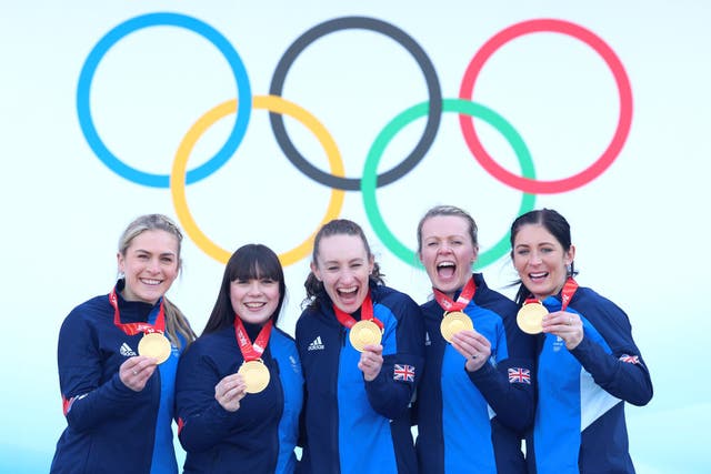 <p>Golden smiles: curlers (from left) Milli Smith, Hailey Duff, Jennifer Dodds, Vicky Wright and Eve Muirhead  </p>