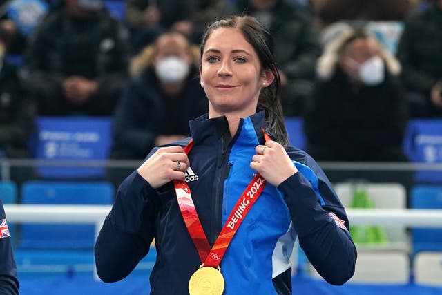 Great Britain’s Eve Muirhead celebrates with her gold medal (Andrew Milligan/PA)