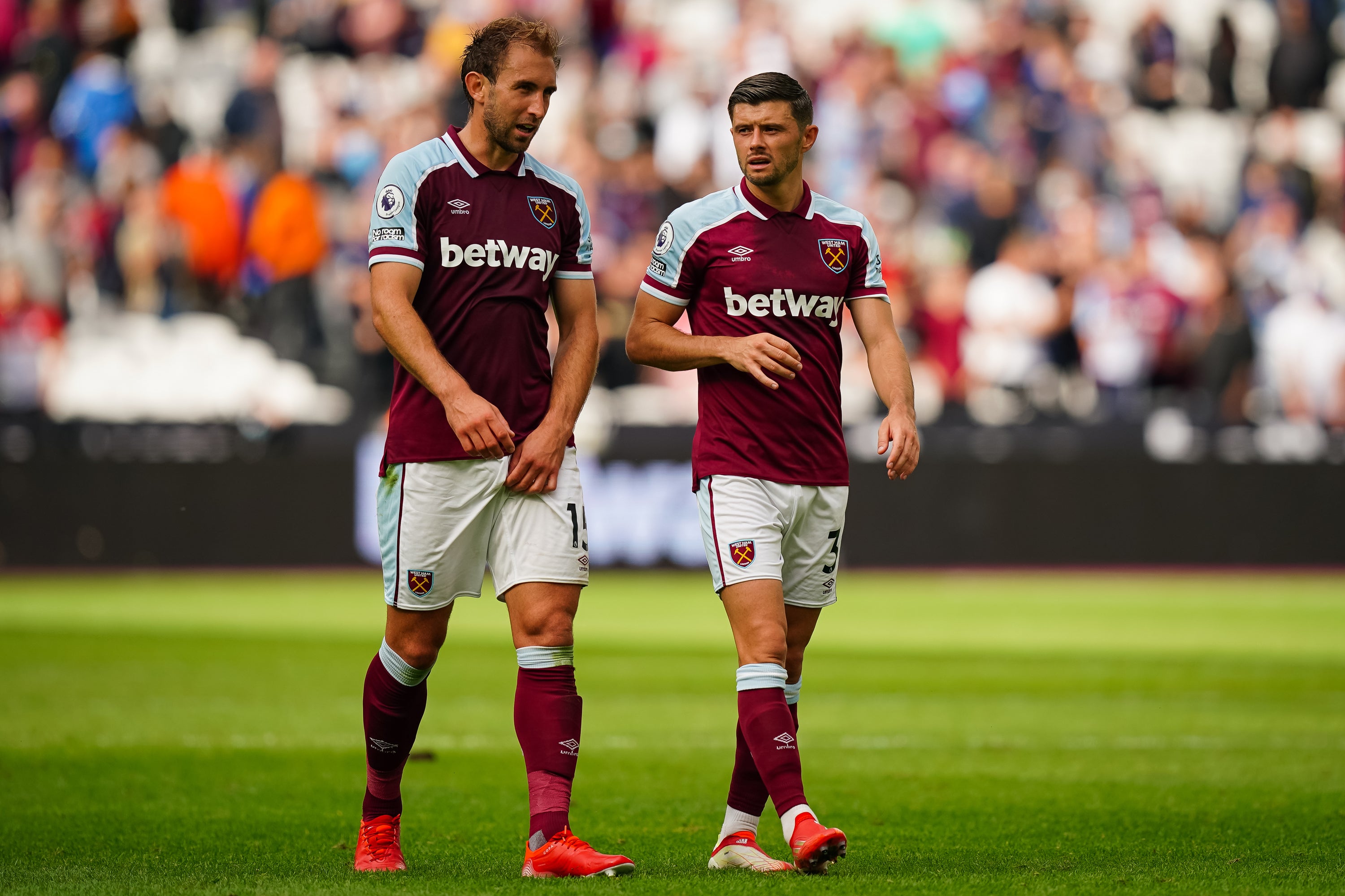 Aaron Cresswell, right, and Craig Dawson combined for West Ham’s opener (Aaron Chown/PA)